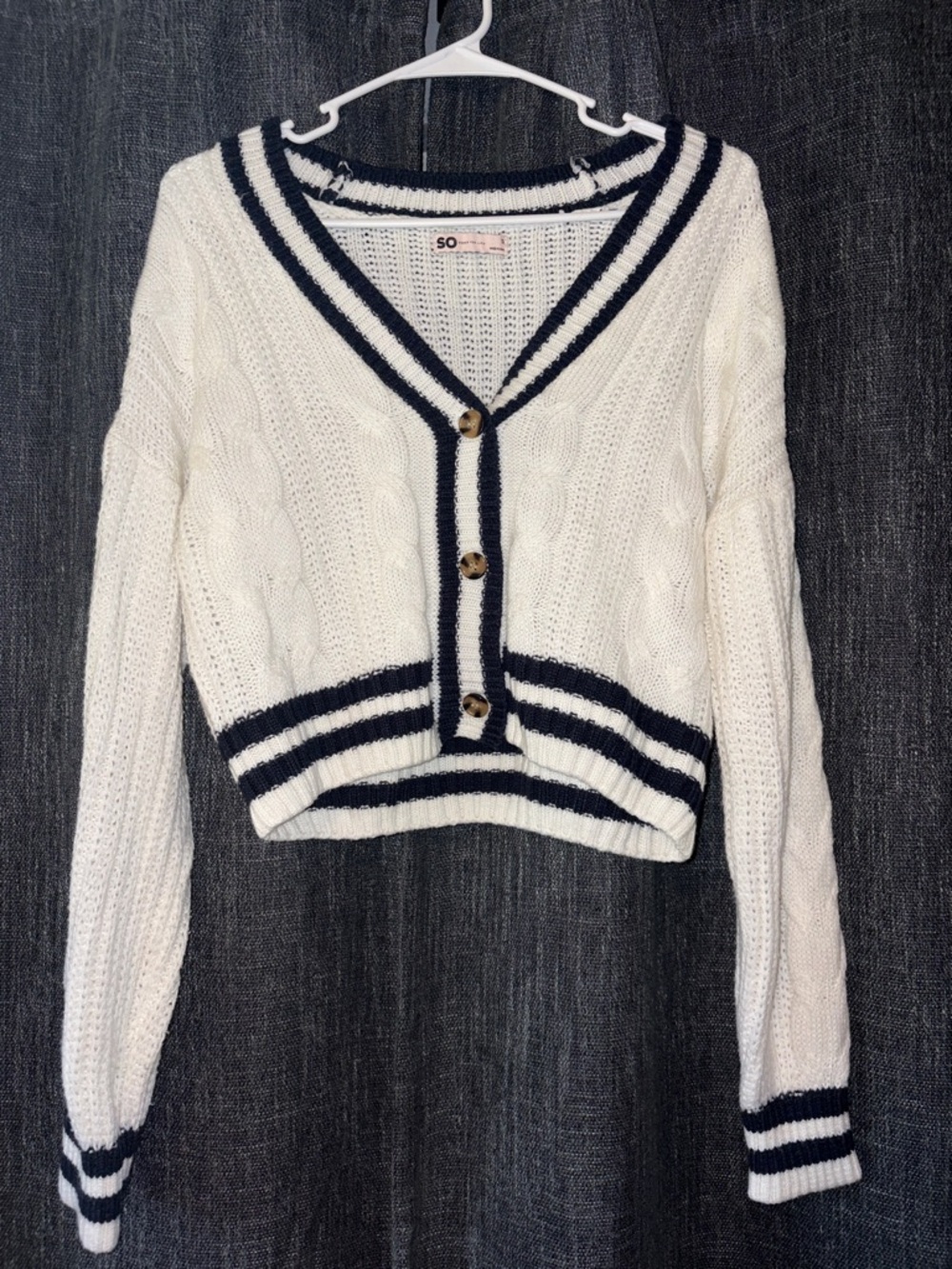 SO White Cropped Cable Knit Cardigan with Navy Stripes